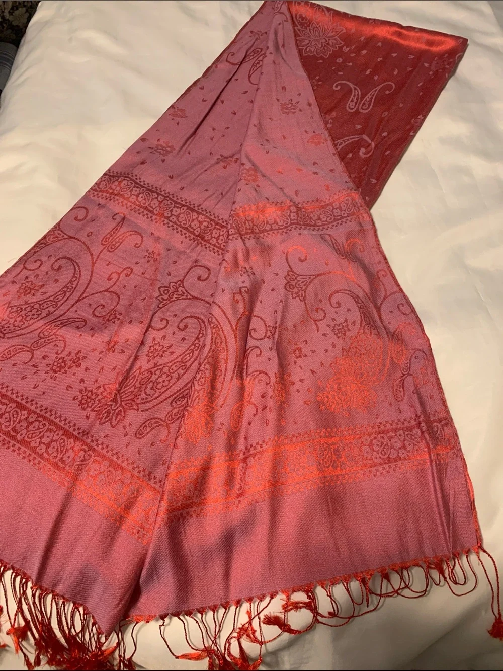 Red Paisley Floral print Pashmina Scarf with fringe